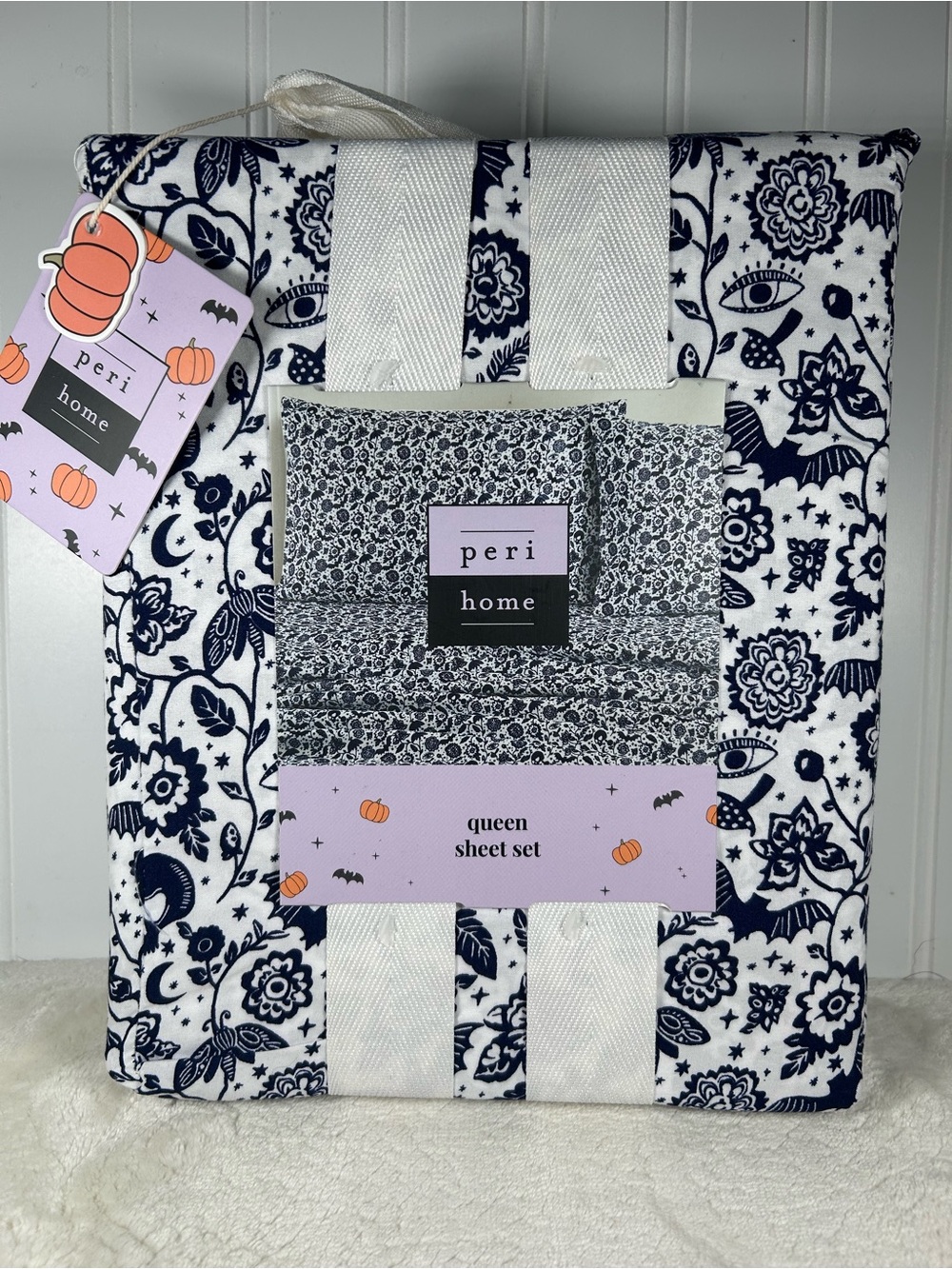 NWT Peri Home Queen Sheet Set Halloween Floral Goth Evil Bat Moth White Navy